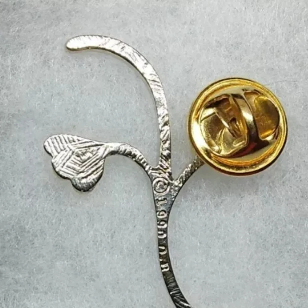 Vintage 1990 Push Back FLORAL lapel Pin gold tone Clear Rhinestone